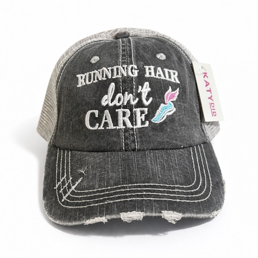 Katydid Running Hair Don't Care Distressed Trucker Hat NWT Mesh Running Cap